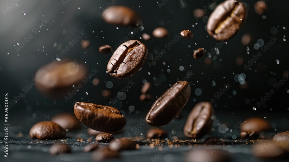 Coffee beans dropping onto dark surface to represent ingredient for hot beverage Coffee beans dropping onto dark surface to represent ingredient for hot beverage