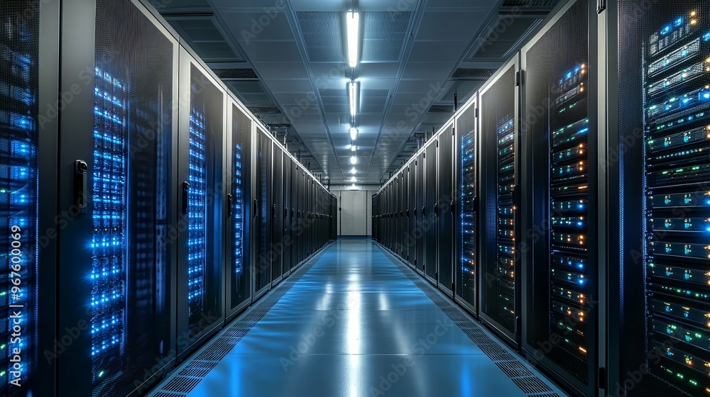 Server Racks in a Data Center with Blue Lights Server Racks in a Data Center with Blue Lights