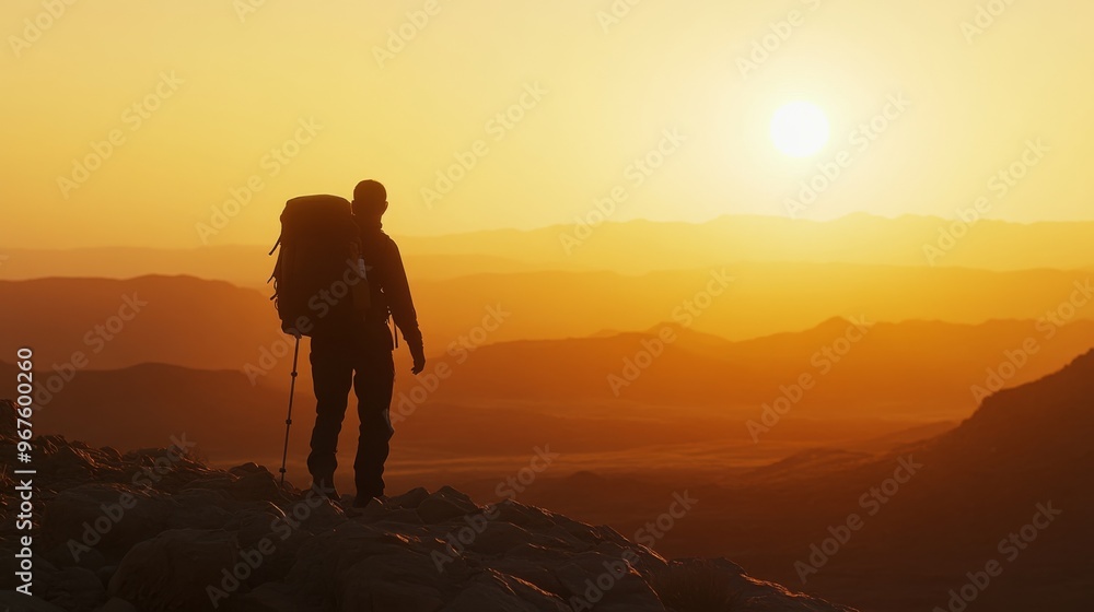 Silhouette hiker on a desert landscape with the sun setting behind. Silhouette hiker on a desert landscape with the sun setting behind.