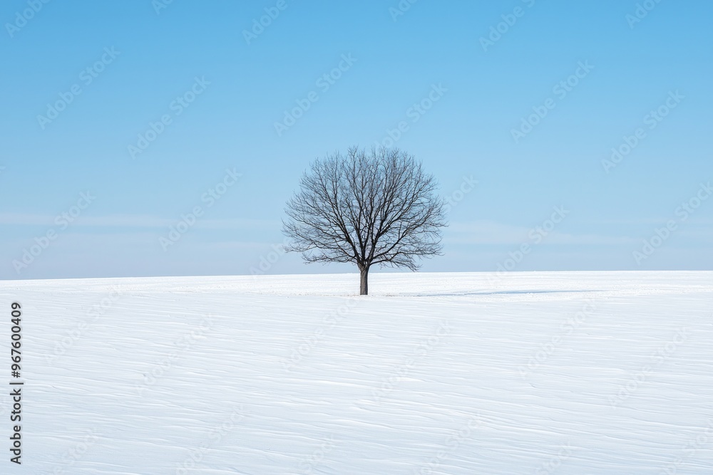 Fototapeta premium A lone tree in a vast, open field of pure white snow 