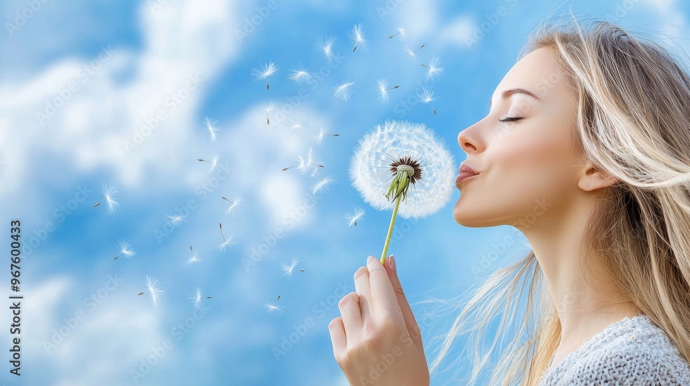 Stunning woman blowing dandelion over sky background, playing outdoors, enjoying nature, summer vacation and holidays, pretty young female holding flower, wish concept. Stunning woman blowing dandelion over sky background, playing outdoors, enjoying nature, summer vacation and holidays, pretty young female holding flower, wish concept.