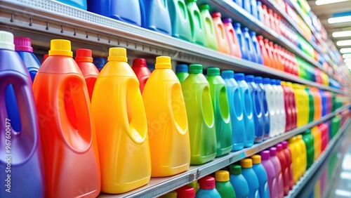 Colorful laundry detergent bottles lined up on shelves in a supermarket , laundry, detergent, bottles, colorful photo