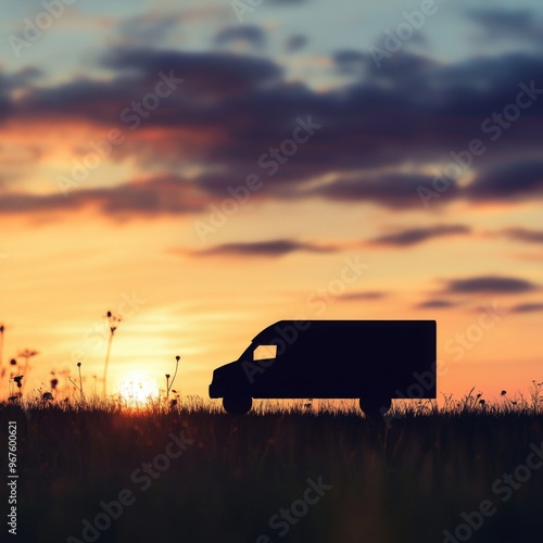 Truck driving through a rural field at sunset with a barn and farm landscape in the background photo