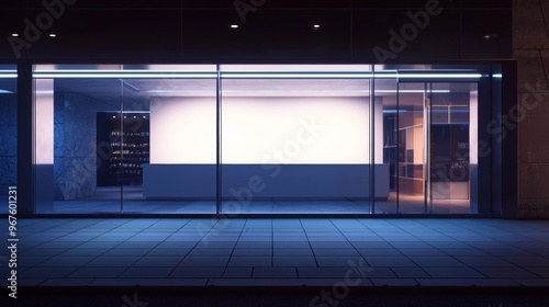 The facade of a store in a city at night, mocked up in a blank template