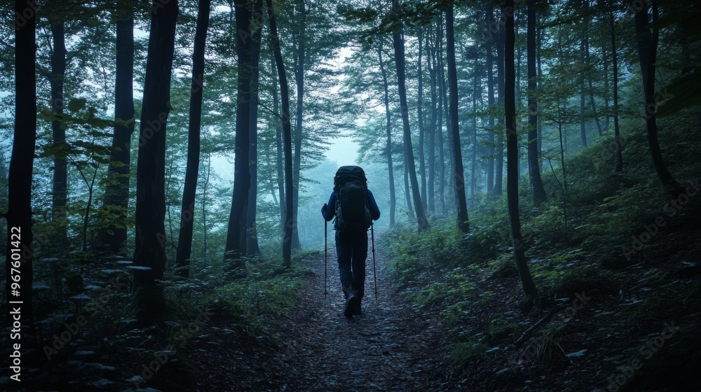 Silhouette hiker with a backpack on a forest trail at dusk. Silhouette hiker with a backpack on a forest trail at dusk.