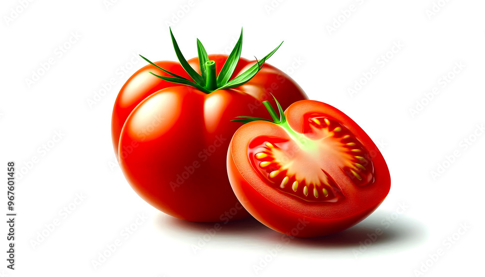 Fresh juicy red tomatoes cut in half, isolated on white background. Fresh juicy red tomatoes cut in half, isolated on white background.