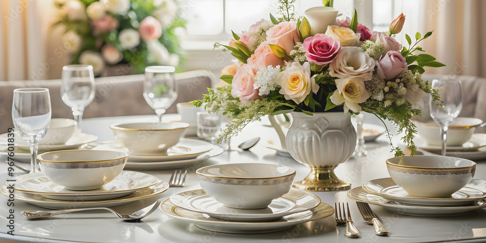 Elegant table setting with fine china, silverware, and fresh flowers centerpiece, elegant Elegant table setting with fine china, silverware, and fresh flowers centerpiece, elegant