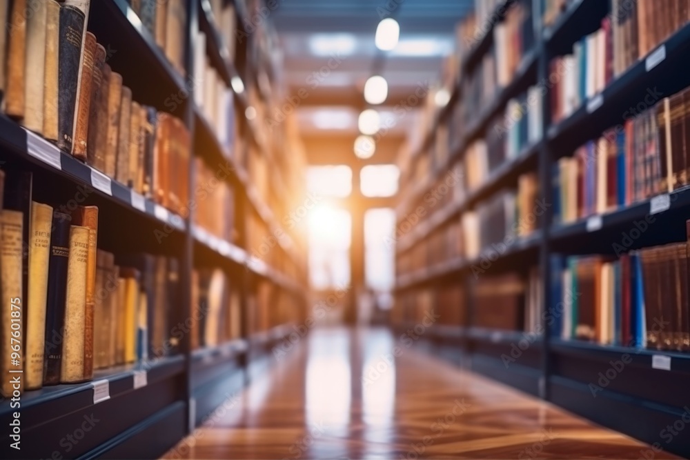 Bookshelf In Library Interior With Blurred Books In Background Bookshelf In Library Interior With Blurred Books In Background