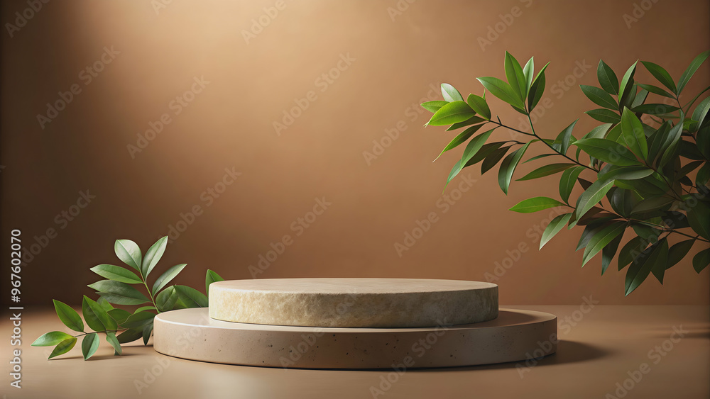 Stone product display podium with nature leaves on brown background, stone, product, display, podium, nature, leaves Stone product display podium with nature leaves on brown background, stone, product, display, podium, nature, leaves