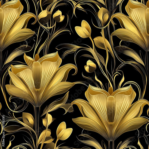 Elegant floral design with golden blooms on dark fabric. Seamless pattern.