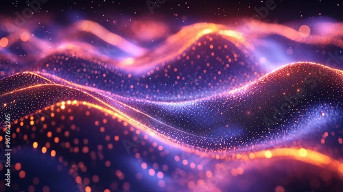 Abstract Wavy Glowing Particles with Purple and Orange Hues