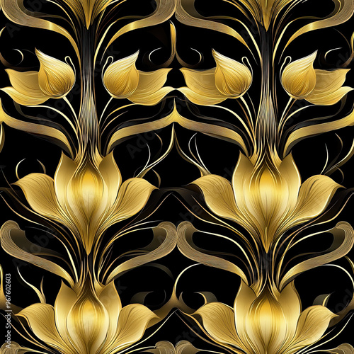 A detailed floral pattern with gold motifs on a black background. Seamless pattern.