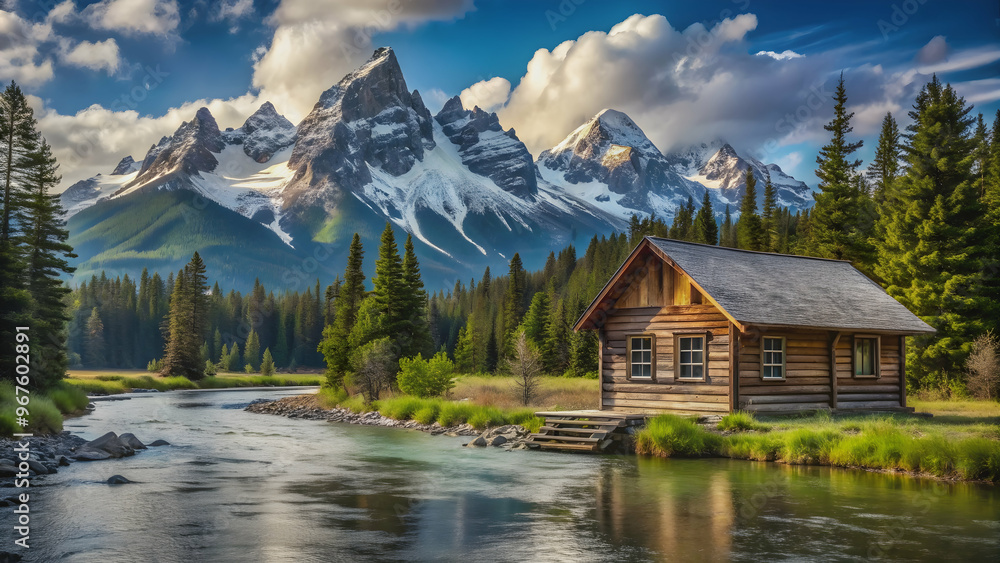 Naklejka premium Rustic wooden cabin nestled at riverside with a backdrop of snow-capped mountain peak, wooden cabin, riverside