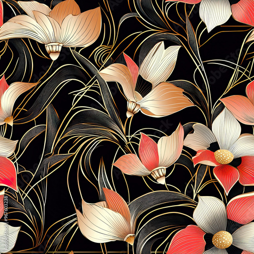 Flowers with gold accents on dark fabric. Seamless pattern.