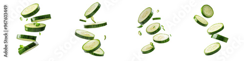 falling zucchini slices on white background,transparent background