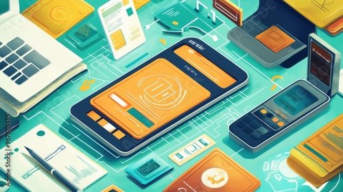 An illustration of mobile devices and technology, showcasing digital payments and modern connectivity in a vibrant, innovative design.