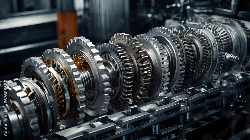 Close-up of a powerful metal engine with intricate gears and cables, showcasing the industrial beauty of automotive engineering Close-up of a powerful metal engine with intricate gears and cables, showcasing the industrial beauty of automotive engineering