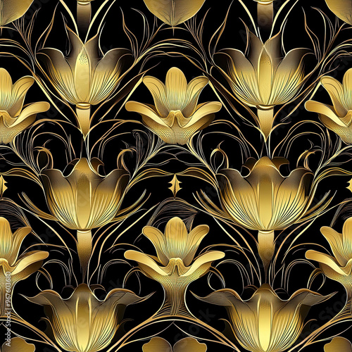 Elegant golden flowers arranged beautifully on a dark backdrop. Seamless pattern.