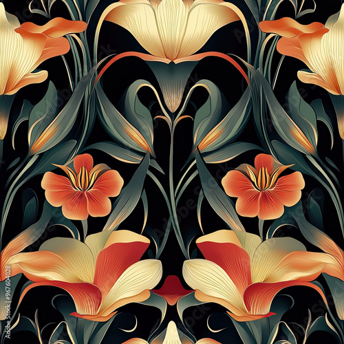 A vibrant floral design featuring orange and yellow blooms. Seamless pattern.