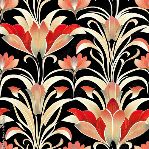 Colorful red and cream flowers on a black background. Seamless pattern.