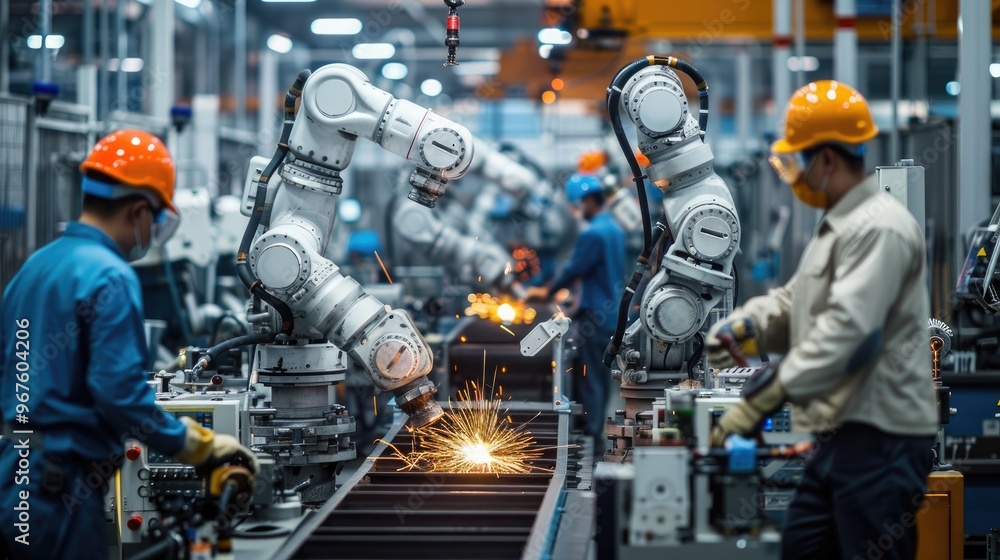 A group of workers are working on a robot assembly line A group of workers are working on a robot assembly line