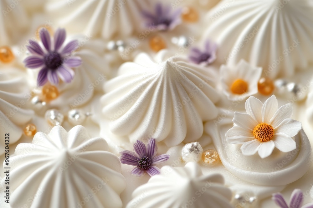 Delicious white cake decorated with flowers and beads for wedding Delicious white cake decorated with flowers and beads for wedding