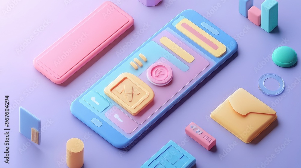Colorful 3D design of a smartphone with playful buttons and icons on a pastel background, ideal for tech and design illustrations. Colorful 3D design of a smartphone with playful buttons and icons on a pastel background, ideal for tech and design illustrations.