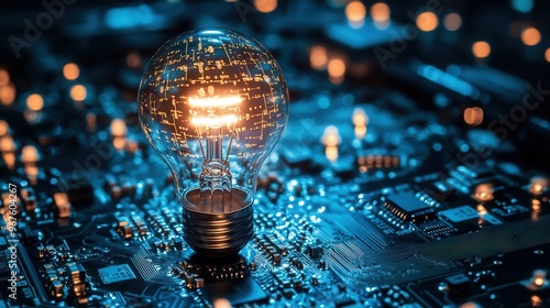 A glowing light bulb on a circuit board, symbolizing innovation and technology in a digital world.