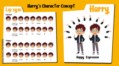 Happy boy cartoon character. Boy face lip sync vector set. Cartoon hand gesture clipart, graphic, illustration.
