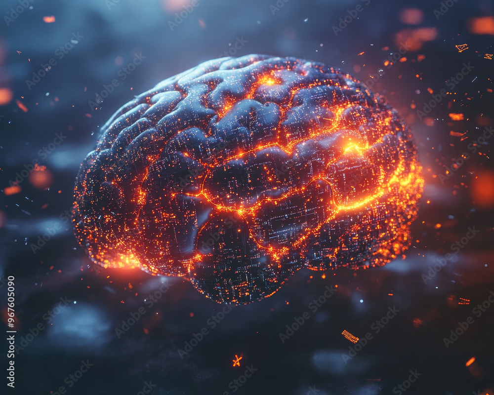 A glowing AI brain encased in data fragments symbolizes fusion of technology and intelligence. This captivating image evokes sense of innovation and futuristic thinking A glowing AI brain encased in data fragments symbolizes fusion of technology and intelligence. This captivating image evokes sense of innovation and futuristic thinking