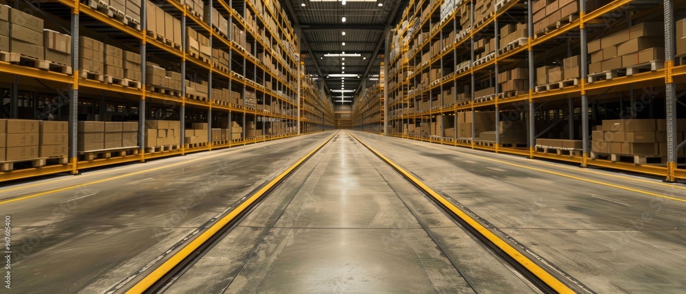 Obraz premium A large warehouse with a long, empty aisle
