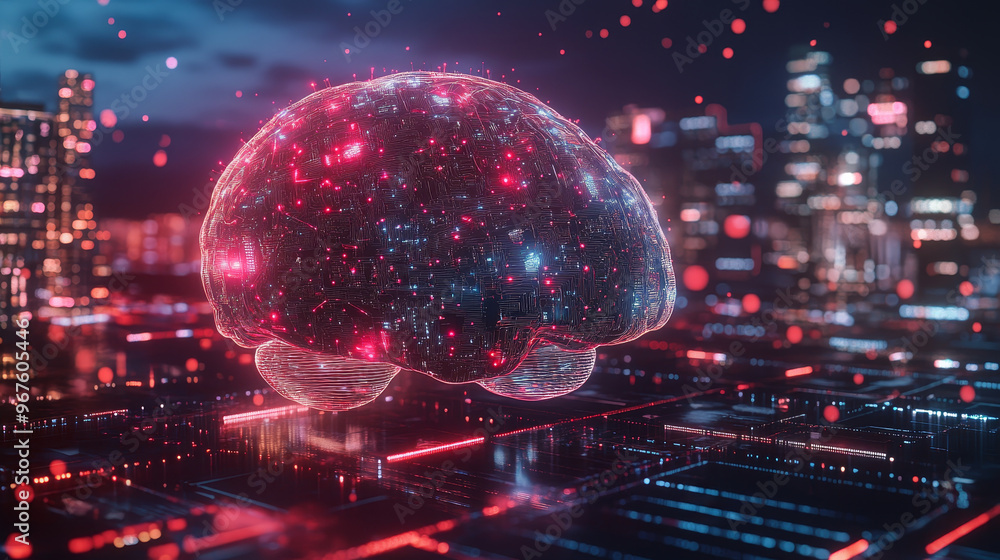 A holographic brain connected to vast array of floating data points illuminates futuristic cityscape, showcasing intersection of technology and intelligence A holographic brain connected to vast array of floating data points illuminates futuristic cityscape, showcasing intersection of technology and intelligence