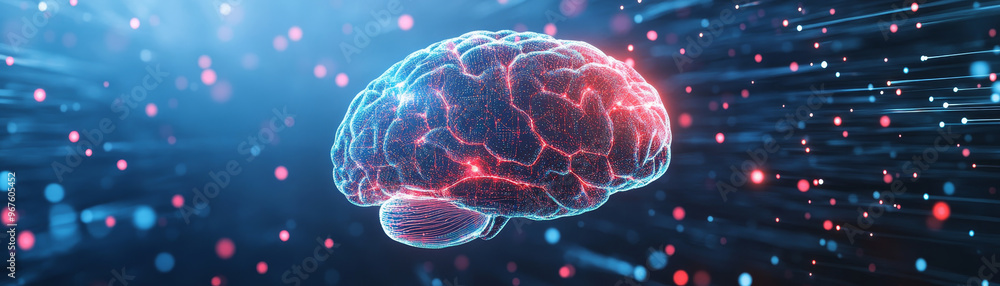 A holographic brain floats in sea of digital data, representing fusion of technology and neuroscience. This captivating image evokes sense of innovation and exploration A holographic brain floats in sea of digital data, representing fusion of technology and neuroscience. This captivating image evokes sense of innovation and exploration