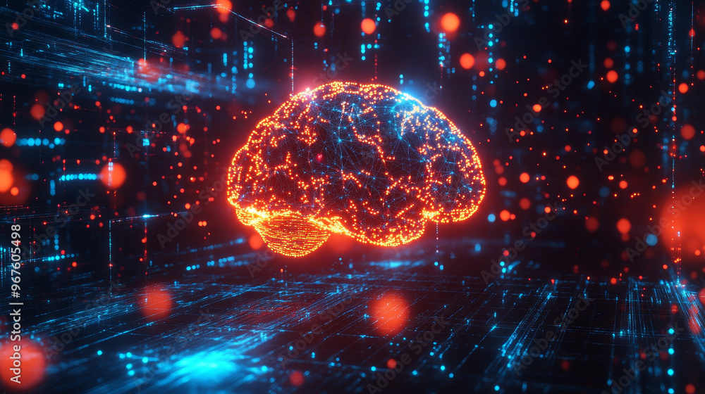A vibrant abstract representation of an AI brain, composed of interconnected data clusters, illuminated by glowing particles in digital environment. This image evokes sense of innovation and technolog A vibrant abstract representation of an AI brain, composed of interconnected data clusters, illuminated by glowing particles in digital environment. This image evokes sense of innovation and technolog