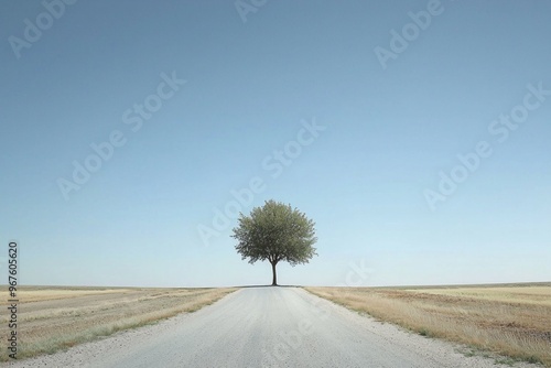 A lone tree stands at the intersection of two vast, empty roads that stretch endlessly into the horizon, with the tree providing the only contrast in the minimalist landscape. 