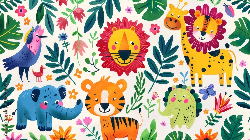 Cute cartoon animals in the jungle. pattern with funny elephant, lion, tiger, parrot, chameleon and flowers. Illustration. Cute cartoon animals in the jungle. pattern with funny elephant, lion, tiger, parrot, chameleon and flowers. Illustration.