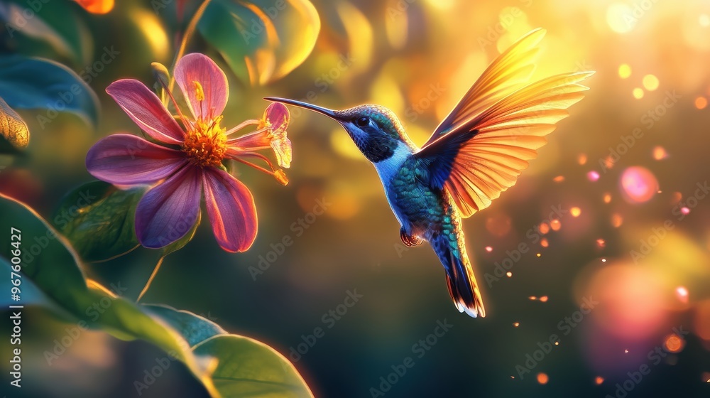 Obraz premium Hummingbird in Flight with a Flower