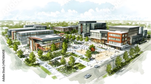 A concept sketch of the city center with modern buildings and green spaces, showcasing sustainable urban development