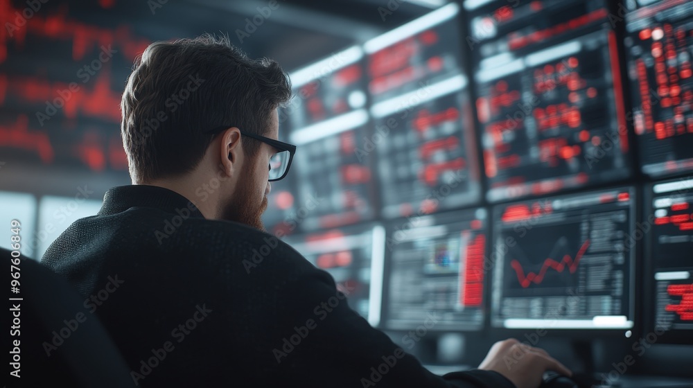 Engaged Analyst Observing Complex Data Trends in a High-Tech Analytical Environment Engaged Analyst Observing Complex Data Trends in a High-Tech Analytical Environment