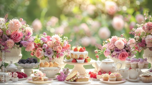 Wallpaper Mural The image shows a table set up for a tea party in a garden. There are flowers, cakes, and teacups on the table. The background is a blurred garden. Torontodigital.ca