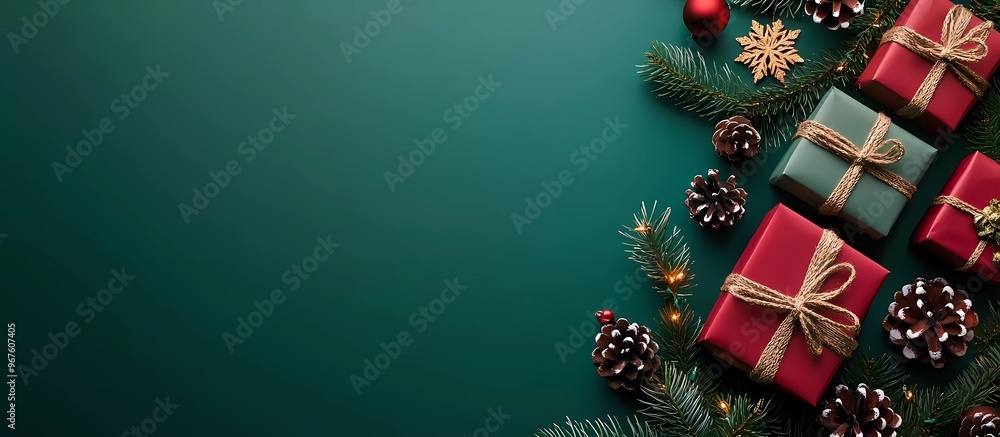 Christmas background with gifts and decorations on a green color, a flat lay banner with space top view. Christmas background with gifts and decorations on a green color, a flat lay banner with space top view.