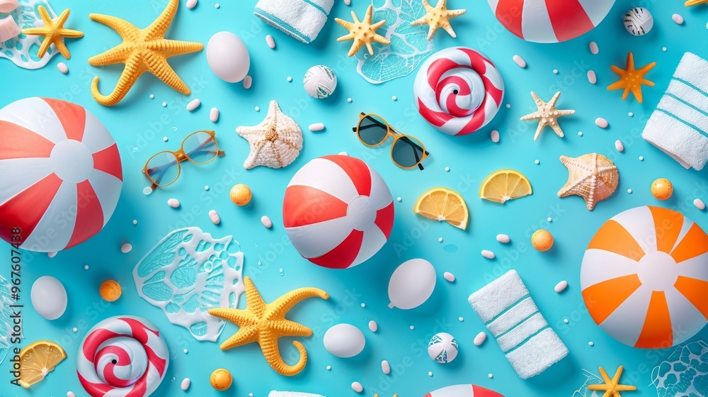 This is a photo of various beach items such as beach balls, sunglasses, starfish, candy, and sunscreen on a blue background. This is a photo of various beach items such as beach balls, sunglasses, starfish, candy, and sunscreen on a blue background.