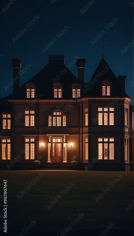 old lit manor mansion stands tall night sky illuminated windows cast warm glow old lit manor mansion stands tall night sky illuminated windows cast warm glow