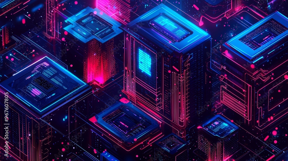 In a dark neon background, a computer room, data center, and database icon illustrate smart data processing, information analysis, and statistics. In a dark neon background, a computer room, data center, and database icon illustrate smart data processing, information analysis, and statistics.