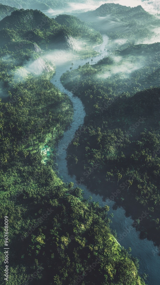 Aerial View of a River Winding Through Lush Rainforest Aerial View of a River Winding Through Lush Rainforest