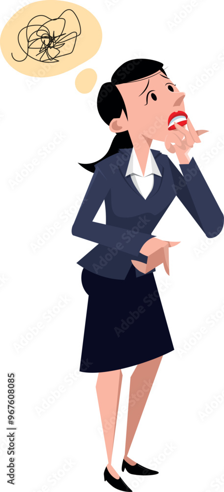worried business woman with hand on the chin, trying to find a way out. flat illustration worried business woman with hand on the chin, trying to find a way out. flat illustration