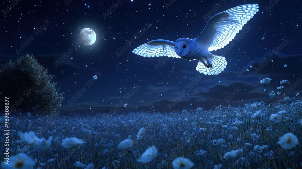 Fototapeta premium Snowy Owl Flying Under a Starry Night