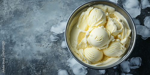 French custard ice cream base cooling in ice bath before churning photo