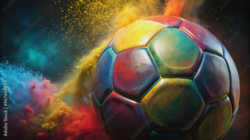 Fototapeta premium Spray painted soccer ball close up , graffiti, colorful, artistic, sports, soccer, football, recreation, activity, textured