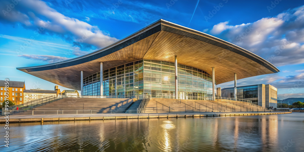 Modern architectural marvel of Welsh Assembly Building in Cardiff Bay, UK, Welsh Assembly, Cardiff Bay, UK Modern architectural marvel of Welsh Assembly Building in Cardiff Bay, UK, Welsh Assembly, Cardiff Bay, UK